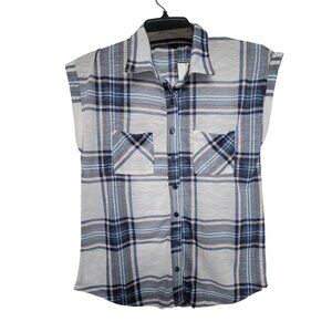 ❤️❤️❤️Womens Plaid Shirt Sz S Derek Heart Tunic Top Blouse Sleeveless White Blue